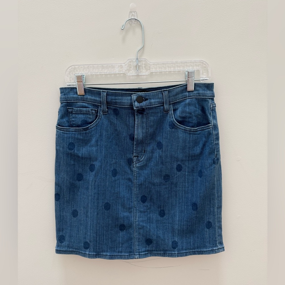 J Brand Blue Denim Pencil Skirt with Polka Dots